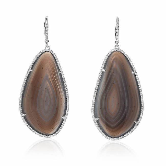 one of a kind agate drop earrings with diamonds in white gold