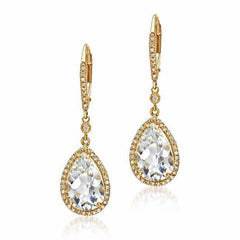 White Topaz & Diamond Pear Shape Dangle Earrings in Yellow Gold