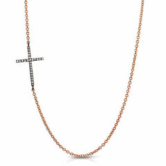 sideways cross necklace with diamonds in rose gold and black rhodium