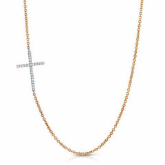 sideways cross necklace with diamonds in rose gold