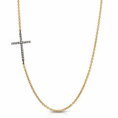 sideways cross necklace with diamonds in yellow gold and black rhodium
