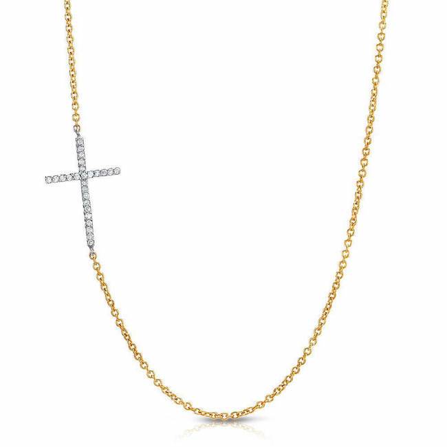 sideways cross necklace with diamonds in yellow gold
