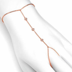 three diamond hand chain bracelet with diamonds in rose gold