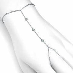 three diamond hand chain bracelet with diamonds in white gold