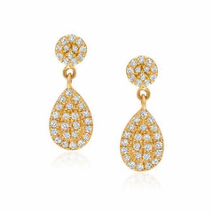 small disc and pear pave post earrings in yellow gold