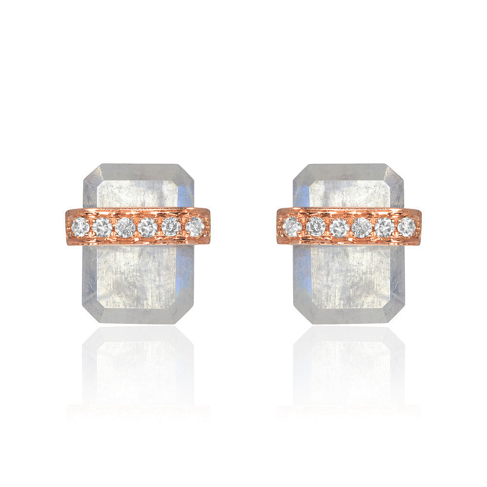 diamond wrapped flat emerald cut rainbow moonstone posts in rose gold