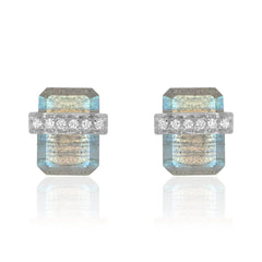 diamond wrapped flat emerald cut labradorite posts in white gold