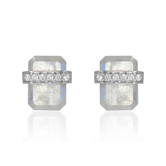 diamond wrapped flat emerald cut rainbow moonstone posts in white gold