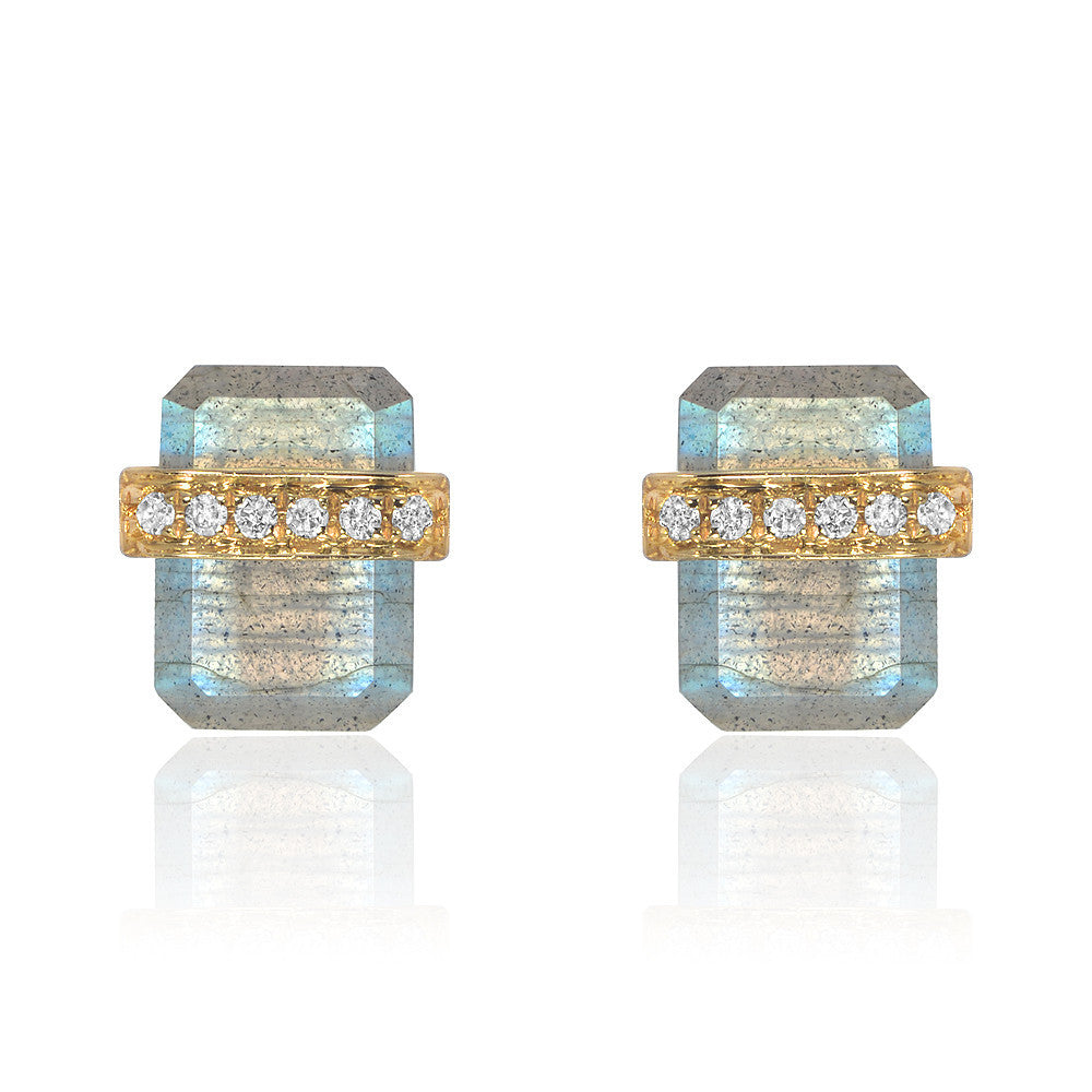 diamond wrapped flat emerald cut labradorite posts in yellow gold