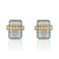 diamond wrapped flat emerald cut labradorite posts in yellow gold