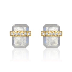 diamond wrapped flat emerald cut rainbow moonstone posts in yellow gold