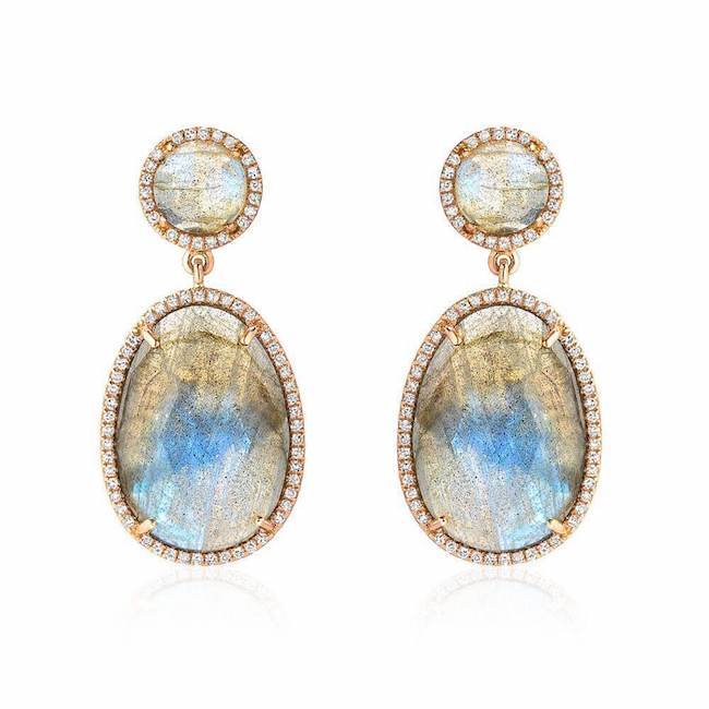 double drop labradorite and diamond post earrings in rose gold