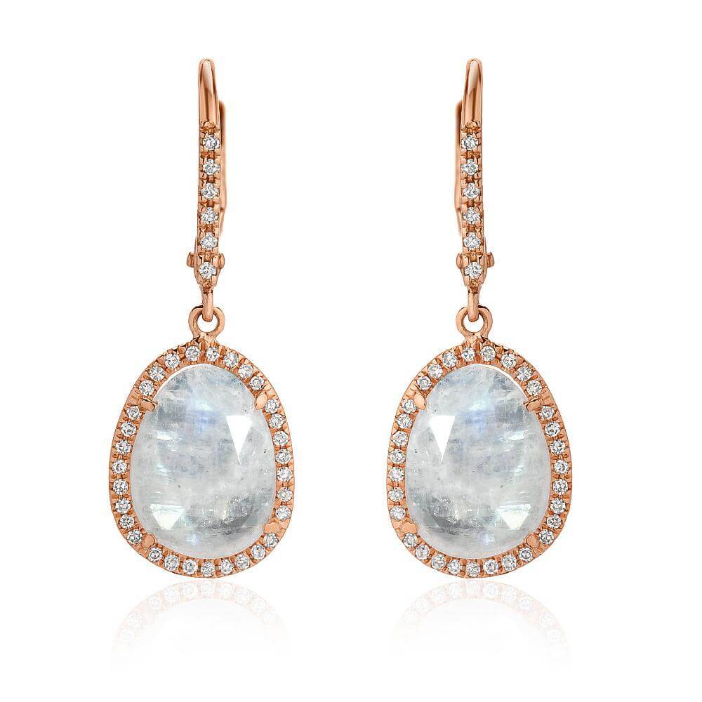Small Organic Shape Rainbow Moonstone and Diamond Drop Earrings