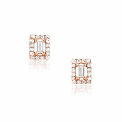 baguette with halo earrings in rose gold