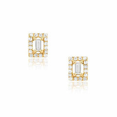 baguette with halo earrings in yellow gold