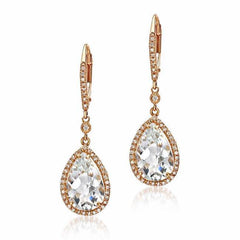 White Topaz & Diamond Pear Shape Dangle Earrings in Rose Gold