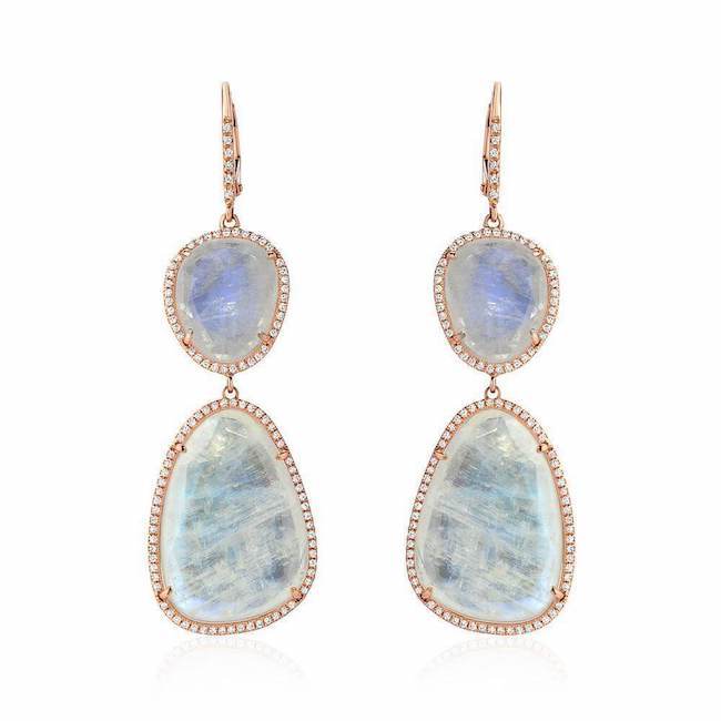 rainbow moonstone and diamond double dangle earrings in rose gold