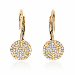 Pave disc earrings with leverbacks in yellow gold