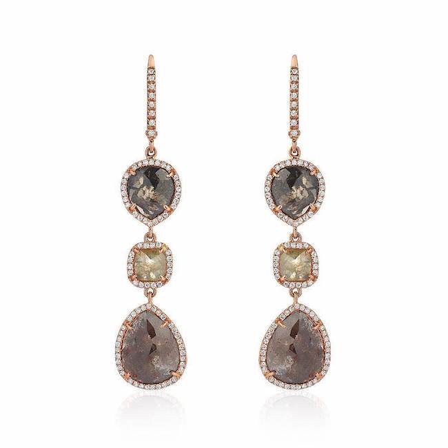 rustic diamond triple drop earrings with white diamonds in rose gold