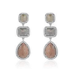 rustic diamond triple drop earrings with white diamonds in white gold