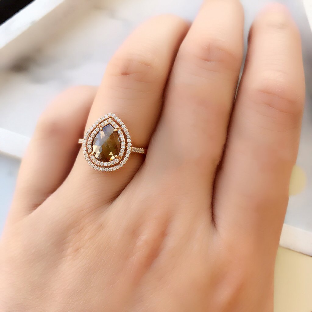 One of a Kind Teardrop Rustic Diamond Double Halo Ring