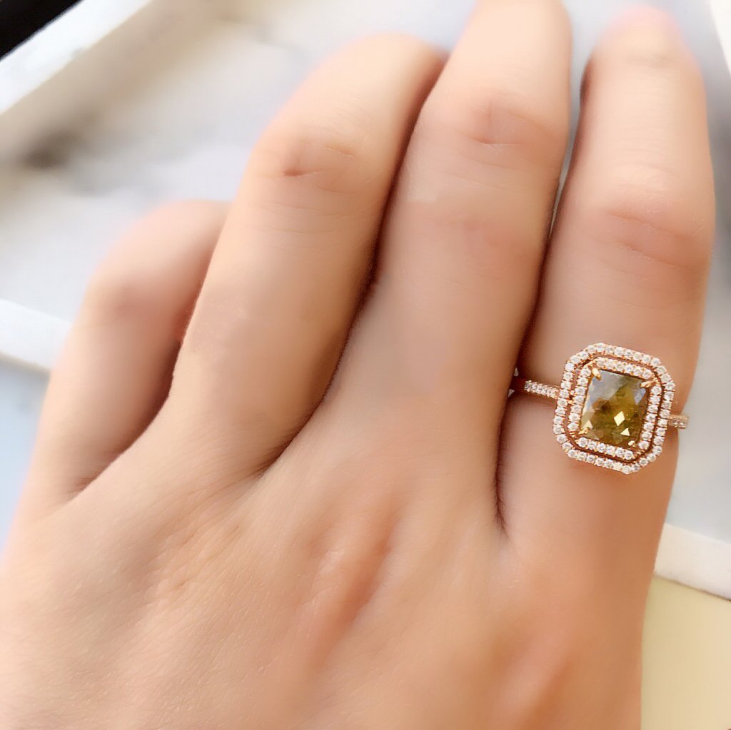 One of a Kind Square Rustic Diamond Double Halo Ring