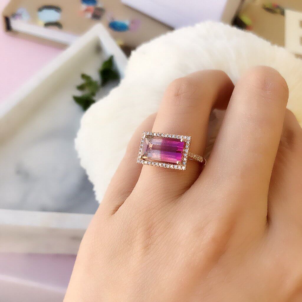 One of a Kind Bicolor Tourmaline Halo Ring in Rose Gold