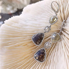 One of a Kind Rustic Diamond Triple Dangle Earrings in White Gold