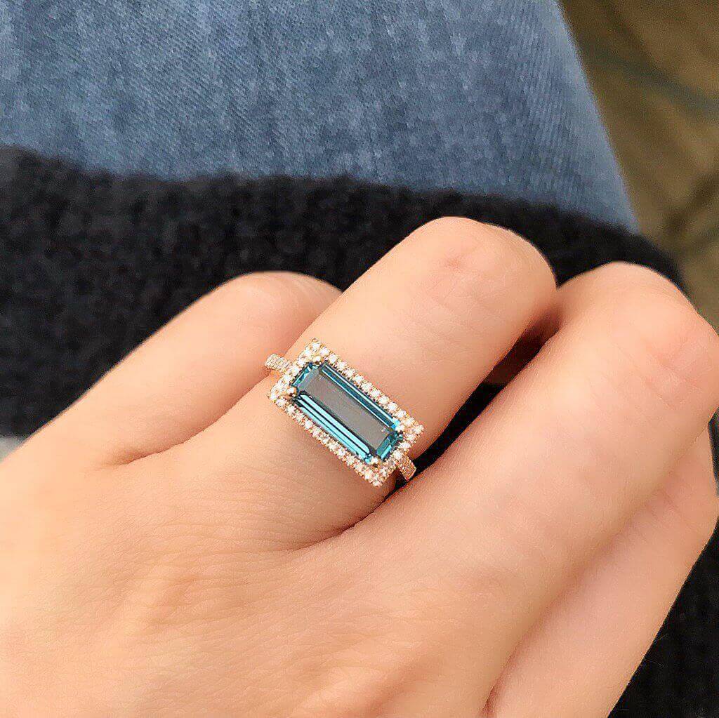 One of a Kind London Blue Topaz Halo Landscape Ring in Rose Gold