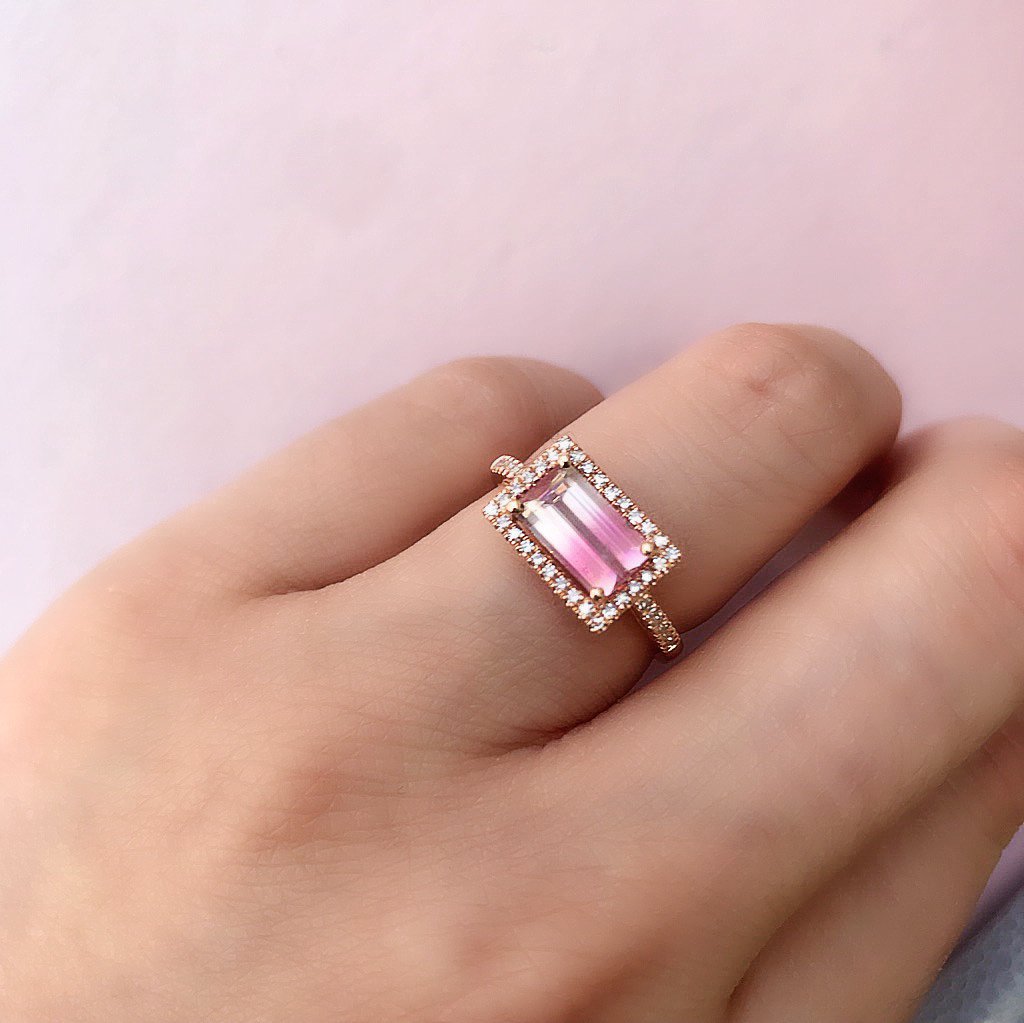 One of a Kind Bicolor Tourmaline Halo Ring in Rose Gold