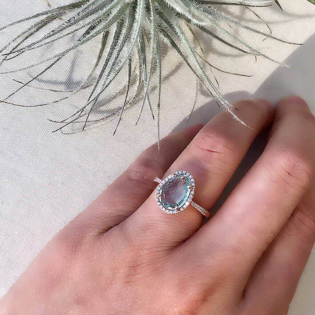 One of a Kind Organic Shape Aquamarine and Diamond Ring