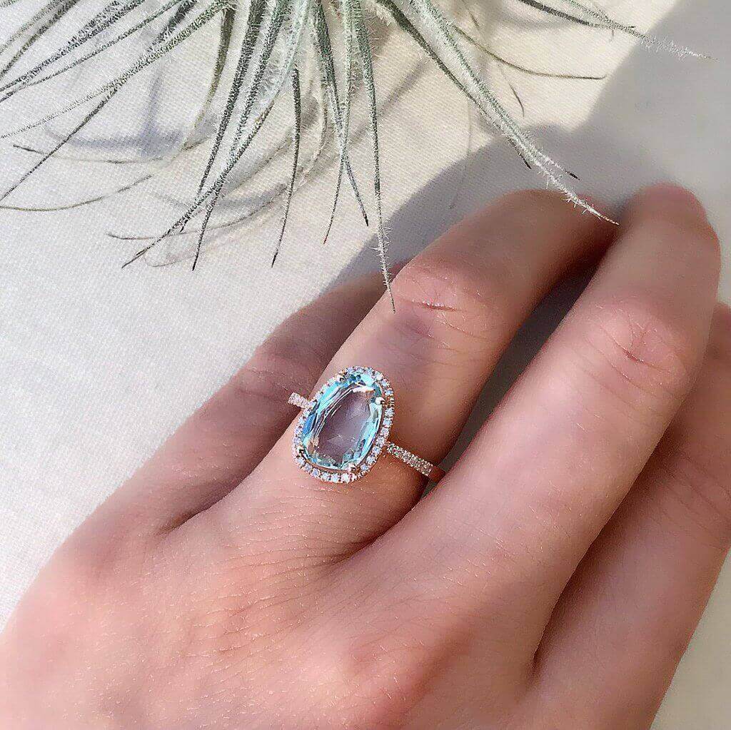 One of a Kind Organic Shape Aquamarine and Diamond Ring
