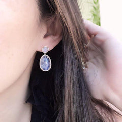 double drop rainbow moonstone earrings on ear