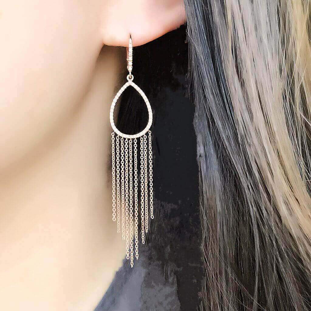 Open Pear Shape Diamond Leverback Earrings with Chain Fringe