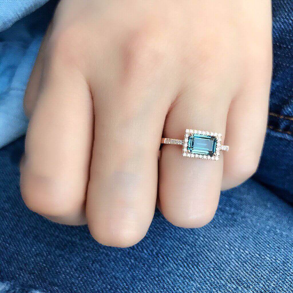 One of a Kind London Blue Topaz Halo Landscape Ring in Rose Gold