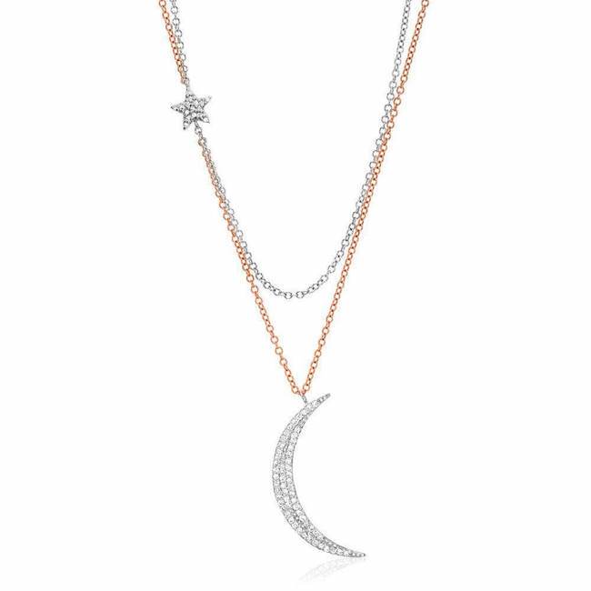 Crescent moon and star necklace in white and rose gold