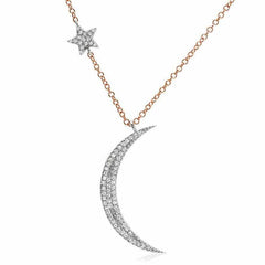 Crescent moon and star necklace in white and rose gold