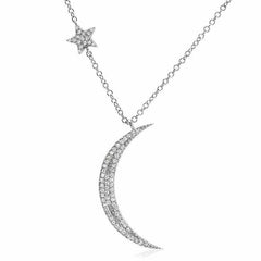 Crescent moon and star necklace in white gold