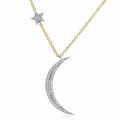 Crescent moon and star necklace in white and yellow gold