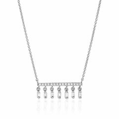 diamond bar necklace with dangling baguettes in white gold