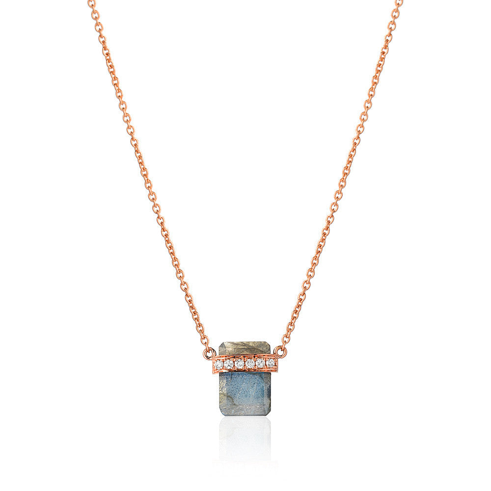 diamond wrapped flat emerald cut labradorite necklace in rose gold