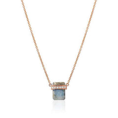 diamond wrapped flat emerald cut labradorite necklace in rose gold