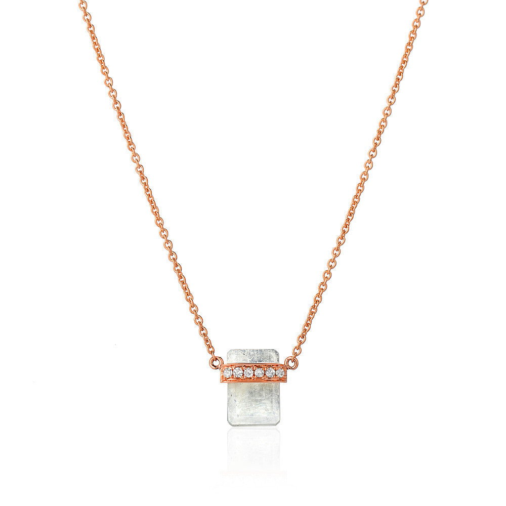diamond wrapped flat emerald cut rainbow moonstone necklace in rose gold