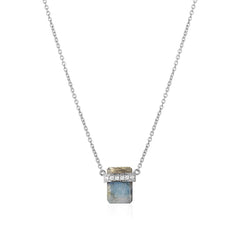 diamond wrapped flat emerald cut labradorite necklace in white gold