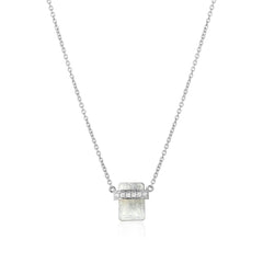 diamond wrapped flat emerald cut rainbow moonstone necklace in rose gold