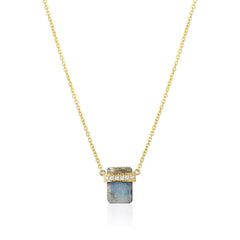 diamond wrapped flat emerald cut labradorite necklace in yellow gold