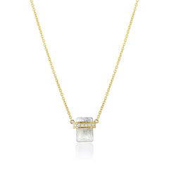 diamond wrapped flat emerald cut rainbow moonstone necklace in rose gold