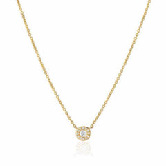 petite diamond halo necklace in yellow gold