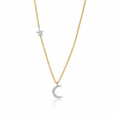 petite moon and star necklace in yellow and white gold