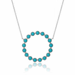 bezel set turquoise open circle necklace in white gold